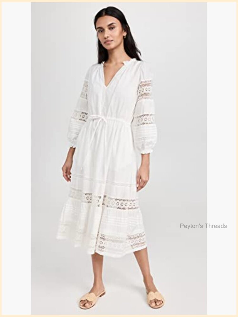 Cotton Lace V-Neck Long Sleeve Midi Dress Pull On - Picture 5 of 6